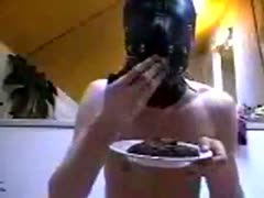 There was a man eating his own feces.